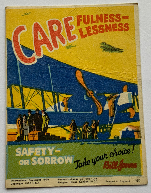 1928 Propaganda card by Parker Halladay USA Care fullness Care lessness airplane